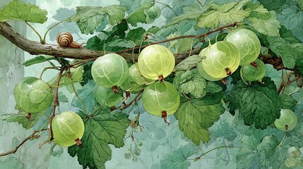   A painting depicts a green tree branch with a snail resting atop it