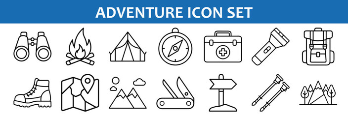 Fototapeta premium Adventure and outdoor recreation icon set with camping hiking and travel equipment vector design
