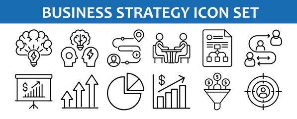 Business Strategy Icons for Presentations and Planning, Set of line-style business strategy icons including charts, meetings, growth, teamwork, and planning tools for corporate use.
