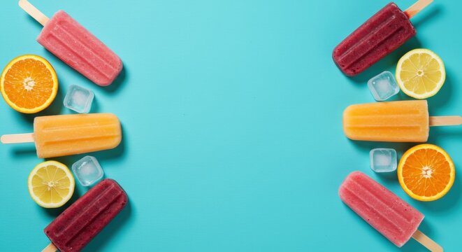 Colorful ice cream popsicles turquoise background orange lemon slices ice cubes. Summer frozen treats dessert refreshing snacks cafe restaurant menu copy space
