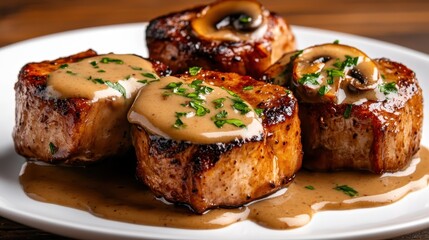 Savor the rich flavors of perfectly grilled pork medallions topped with savory mushroom sauce, presented elegantly on a plate, embodying gourmet culinary art.