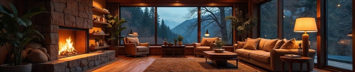 Cozy living room with fireplace, large windows, and comfortable furniture, perfect for relaxation and family gatherings Ideal for home decor and real estate websites , couch, architecture