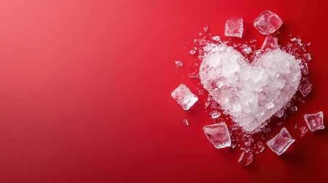 A visually striking arrangement of a heart-shaped block of ice surrounded by crushed ice against a vibrant red background, perfect for expressing love and emotions.