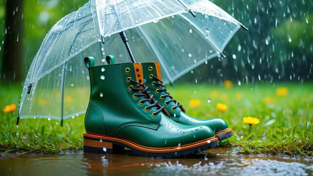 Green waterproof boots under transparent umbrella in heavy rain with wet grass and puddles for rainy weather, footwear protection, outdoor lifestyle, autumn season, waterproof gear, fashion detail