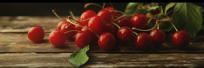 Freshly picked cherries on weathered wooden surface offer a rustic charm
