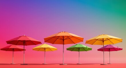 Obraz premium Colorful Beach Umbrellas Row Rainbow Gradient Sky Background. Multiple Parasols Different Colors Lined Arrangement. Summer Vacation Resort Protection Shade Equipment Rental