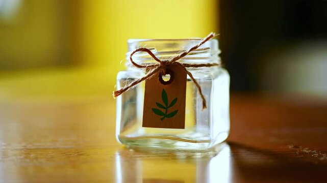Small clear glass jar with eco label and twine bow placed on wooden surface in natural light for organic packaging, zero waste lifestyle, sustainable products, and eco-friendly branding design