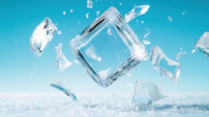 An artistic view of breaking ice cubes in a vibrant setting, capturing the moment of ice shattering beautifully, representing transient beauty and freshness in a creative way.
