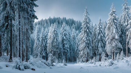 Fototapeta premium A snowy forest with towering pine trees blanketed in snow and a clear blue sky