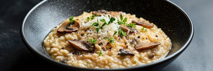 Mouthwatering mushroom risotto, garnished with parmesan and herbs in dark bowl