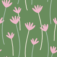 Trendy floral seamless pattern. Hand drawn lovely background with charming flowers in flat style. Colorful flat vector illustration for wallpaper, textile. Botanical background with charming flowers