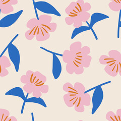 Trendy floral seamless pattern. Hand drawn lovely background with charming flowers in flat style. Colorful flat vector illustration for wallpaper, textile. Botanical background with charming flowers