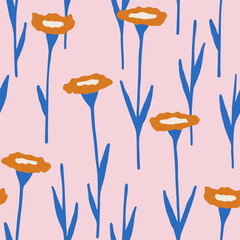 Modern summer background with abstract florals. Cute whimsical vector seamless pattern with flowers for textile, wrapping paper. Lovely flat illustration with trendy blooming flowers