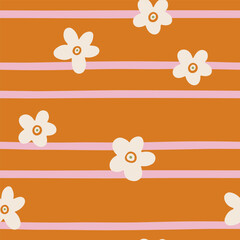 Hand drawn vector seamless pattern with stripes and flowers in flat style. Cute summer background for festive design, textile, wallpaper. Lovely botanical illustration. Colored pattern