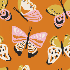 Hand drawn vector seamless pattern with whimsical butterflies in flat style. Cute charming background with butterfly for festive design, wallpaper and textile. Colorful vibrant illustration