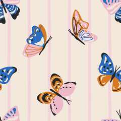 Hand drawn vector seamless pattern with whimsical butterflies in flat style. Cute charming background with butterfly for festive design, wallpaper and textile. Colorful vibrant illustration