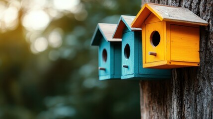 Naklejka premium This vibrant image features a trio of colorful birdhouses attached to a tree trunk, symbolizing care for wildlife and the joy of observing nature in urban settings.