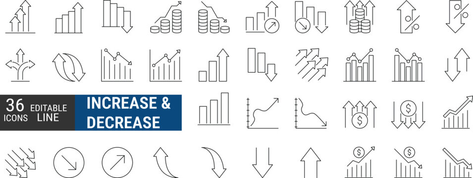 Increase and decrease icons set, editable stroke line pack. profit, loss, chart, arrow, graph, analytics symbols. simple vector collection.