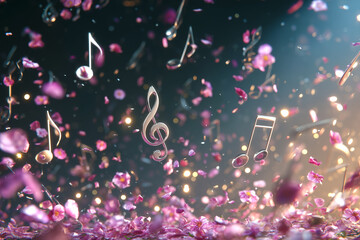 Fonddo musical y canciones .Notas musicales doradas flotan entre flores coloridas en una escena mágica y etérea brillante.