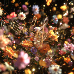 Fonddo musical y canciones .Notas musicales doradas flotan entre flores coloridas en una escena mágica y etérea brillante.