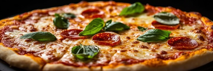 Delicious pepperoni pizza, garnished with fresh basil leaves, on a dark backdrop