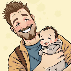 Happy Father's Day. Father and baby vector doodles . 