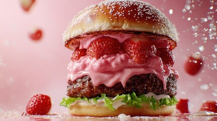 An imaginative burger crafted with fresh strawberries and pink cream, combining sweet and savory elements for a fun and whimsical culinary delight.