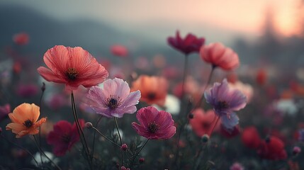 Obraz premium A field full of vibrant pink and orange flowers blooms atop a verdant green expanse, just beside the dense forest