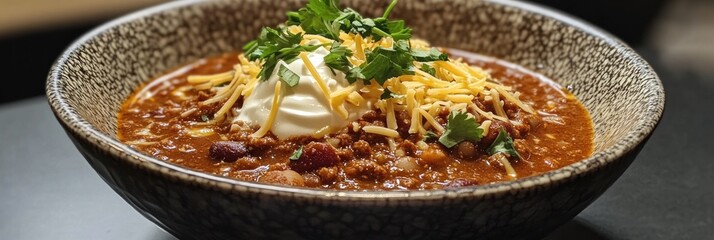 Hearty bowl of spicy chili con carne, topped with fresh sour cream and cheddar