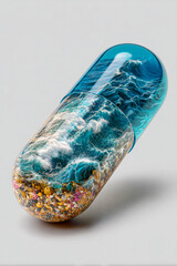 A transparent pill with a seascape inside