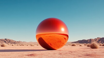 A captivating scene of a reflective red sphere resting on the barren desert floor under a clear blue sky, presenting a striking contrast between nature and abstraction.