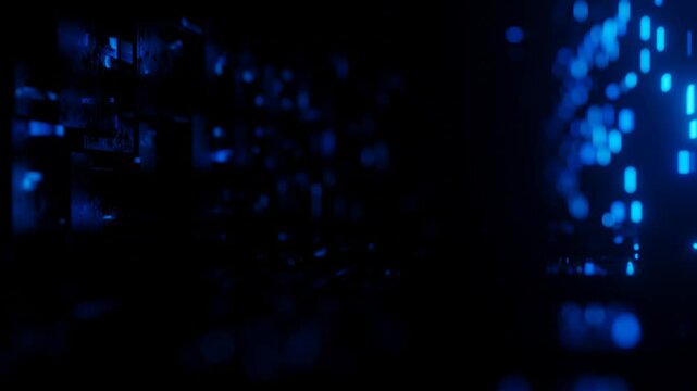 Tunnel of glass luminous blocks. Fly through technology cyberspace with neon glow. Sci-fi flight through hi-tech technology tunnel. Hologram and neon light. 3d looped seamless 4k bg. Data flow