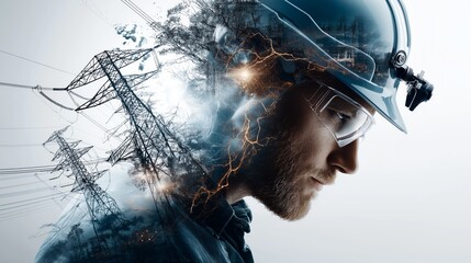 Close-up profile of a serious male engineer with helmet and electricity lines reflecting energy sector challenges, Generative AI