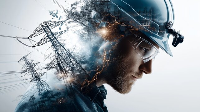 Close-up profile of a serious male engineer with helmet and electricity lines reflecting energy sector challenges, Generative AI