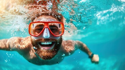 Naklejka premium A joyful man swimming underwater, showcasing the thrill of aquatic adventures and the joy that comes from embracing nature and water activities with friends.