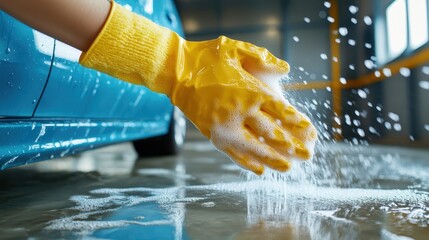 A close-up of a hand in a yellow glove applying soap to a car, illustrating the process of car cleaning while emphasizing the importance of maintenance and personal care.