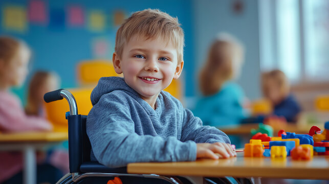 Happy boy in wheelchair smiling at camera in inclusive classroom. Children playing with educational toys in the background. - Powered by Adobe