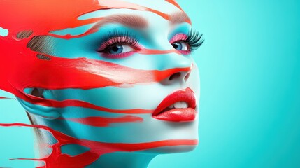 A creative portrayal of a woman's face, adorned with vibrant red and turquoise paint splashes, capturing the essence of modern art and beauty in a visually stunning way.
