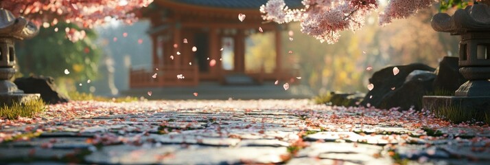 Idyllic Japanese Temple Garden with Cherry Blossoms Petals on Stone Pathway