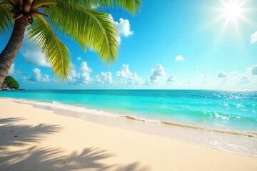 Obraz premium Relaxing beach scene on a sunny holiday, turquoise water lapping the golden sand, perfect for summer vacation dreams Ideal for travel brochures and websites , holiday vibes, bright