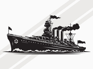 Fototapeta premium Battleship Illustration with Heavy Artillery and Smoke in Black and White
