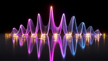 Absract purple and blue wave form with reflections on a shiny black surface with yellow light dots