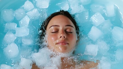 An individual peacefully submerged in a tub filled with ice cubes, highlighting the soothing effects of cold therapy and self-care for wellness and rejuvenation.