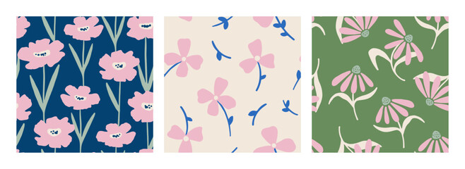 Collection of hand drawn seamless patterns with abstract floral motifs. Vector endless background with vibrant flowers for summer design, wallpaper, textile. Cute charming botanical illustration