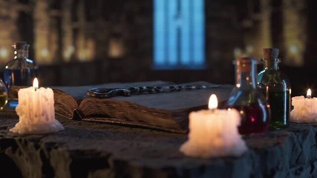 Melted candles, potion bottles and ancient book with magic wand on stone altar in mystical medieval castle, with moonlight streaming through window and magical atmosphere evoking fantasy.