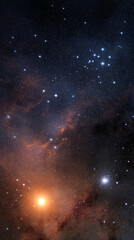 Fototapeta premium Cosmic scene with orange and blue nebulae, bright stars, and dark space background, representing the vastness and beauty of the universe, ideal for space-themed designs