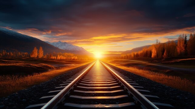 A stunning view of railway tracks stretching towards a vibrant sunset, framed by mountains and autumn foliage, symbolizing journeys, transitions, and the passage of time.