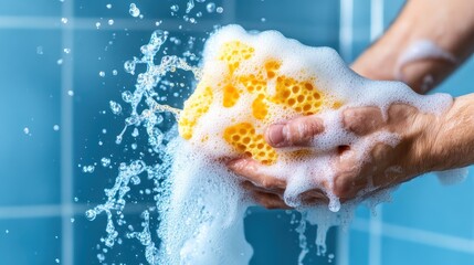 Fototapeta premium The image features hands washing a yellow sponge, surrounded by bubbles, illustrating the concept of cleanliness and the effort put into maintaining orderly environments.