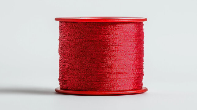 A spool of red thread for spinning, isolated on a gray background.
