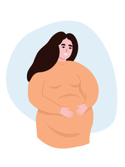 Pregnant woman expecting a baby, holding hands on belly. Vector flat graphics.
